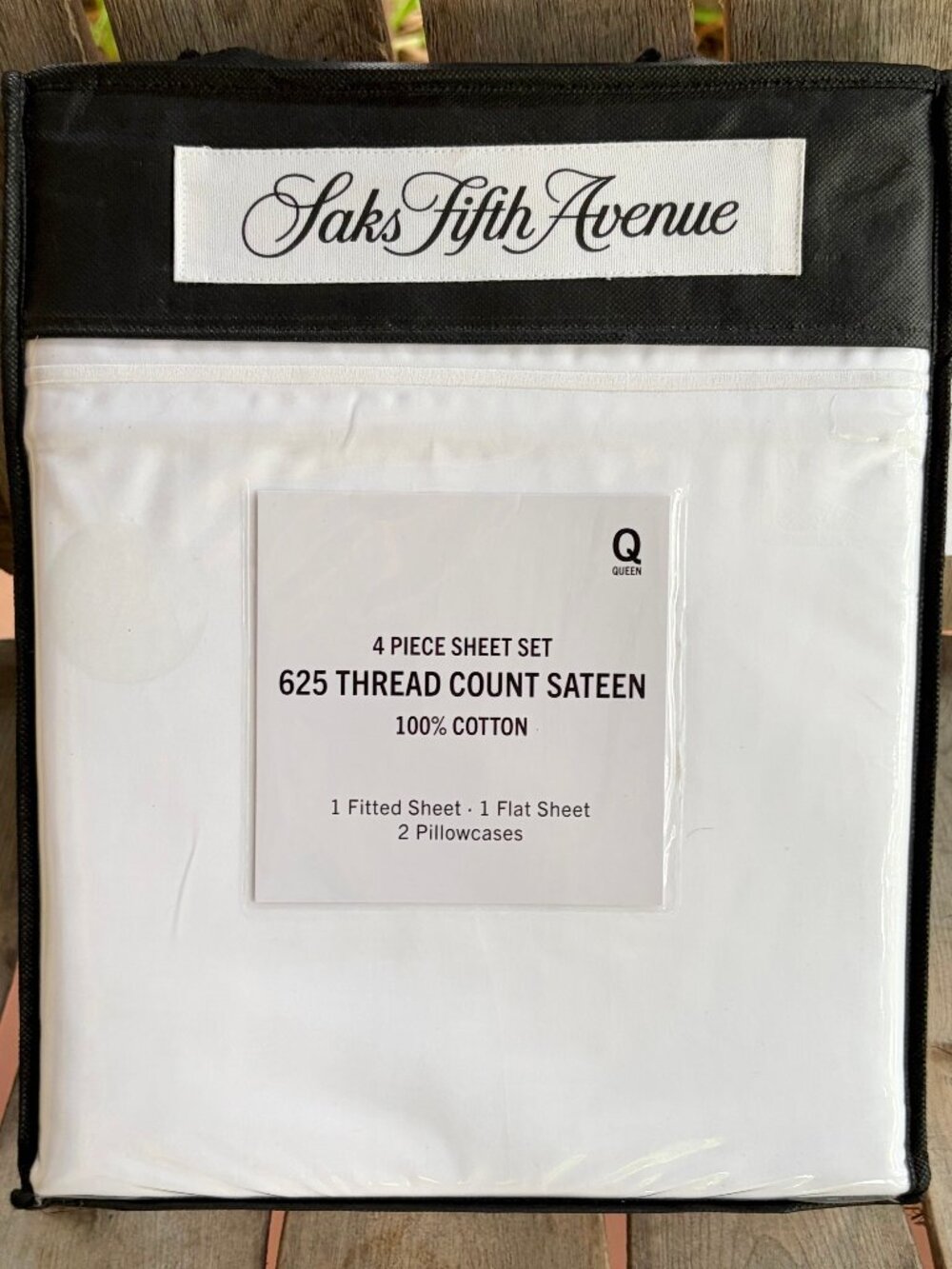 Saks Fifth Avenue QUEEN SIZE 100% Cotton Sateen Sheet Set 625 Thread Count WHITE